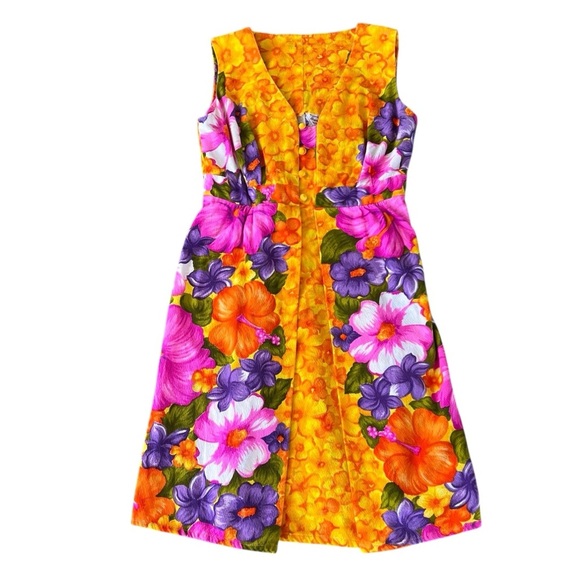 VTG Hawaiian Togs Barkcloth Tiki Mini Dress Bright Colorful Hibiscus Plumeria XS - Picture 5 of 16